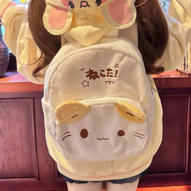 泰迪珍藏 日系可爱卡通刺绣大容量书包小猫背包初高中学生书包 毛绒 双肩包 女款 白色