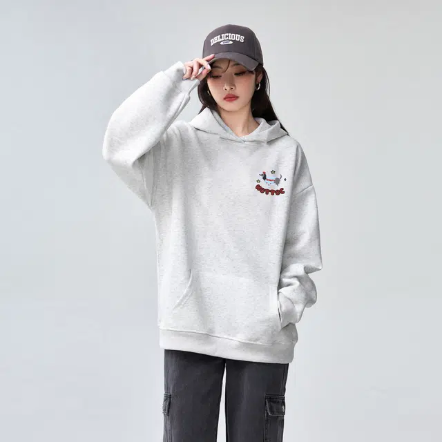 棉购 魔术贴绣花重磅刺绣连帽卡通秋冬季加绒加厚慵懒风宽松外套卫衣 男女同款