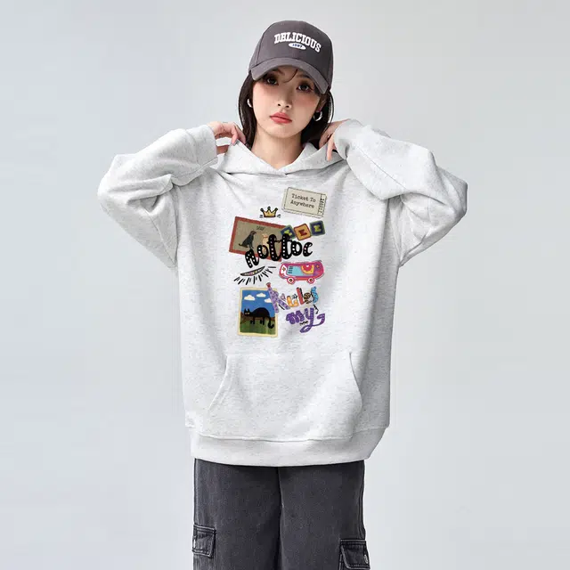 棉购 卡通图案连帽上衣美式潮流简约宽松长袖秋冬加绒加厚保暖卫衣男 女款