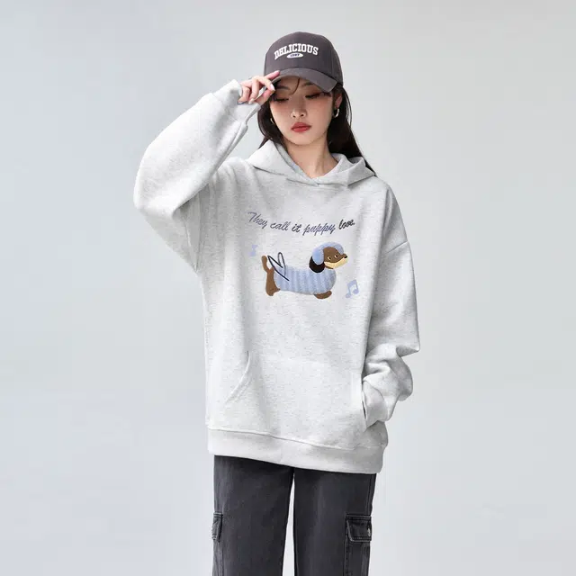 棉购 美式卡通刺绣连帽秋冬重磅加厚宽松慵懒风上衣潮卫衣 男女同款