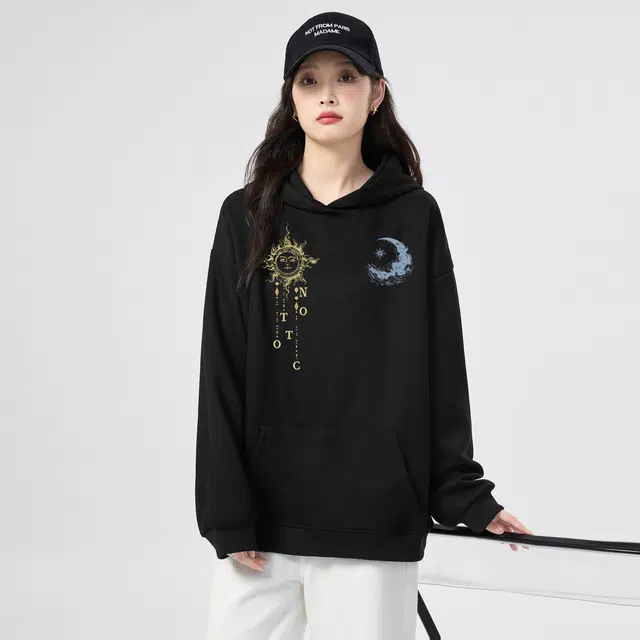 棉购 连帽秋冬季加绒加厚百搭潮流印花美式学生上衣服外套卫衣 男女同款