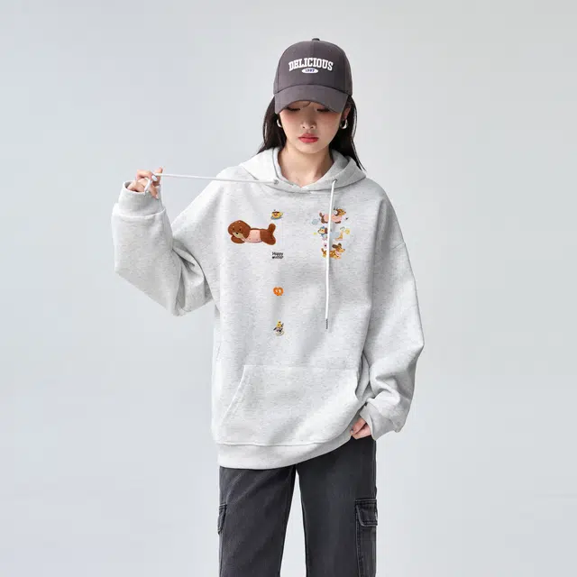 棉购 连帽秋冬季百搭可爱卡通时尚潮流刺绣印花美式学生上衣服外套卫衣 男女同款