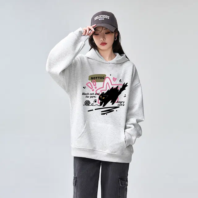棉购 美式复古潮重磅连帽宽松卡通加绒加厚外套卫衣 男女同款