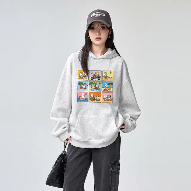棉购 连帽重磅潮流加厚美式宽松卡通慵懒风秋冬卫衣 男女同款