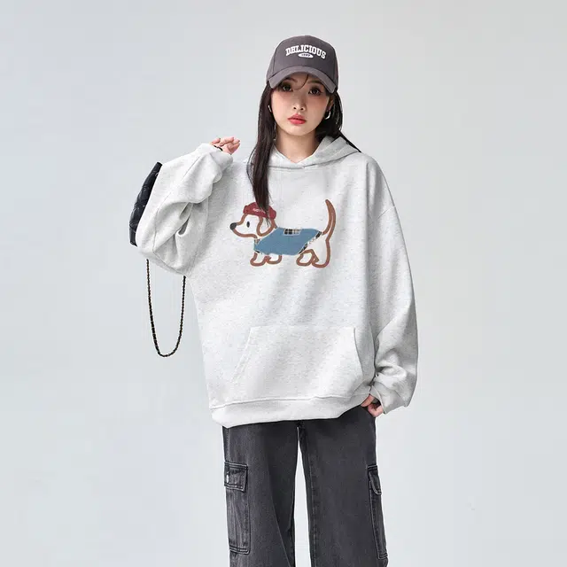 棉购 美式复古潮重磅卡通连帽春秋秋冬宽松加绒加厚外套卫衣 男女同款