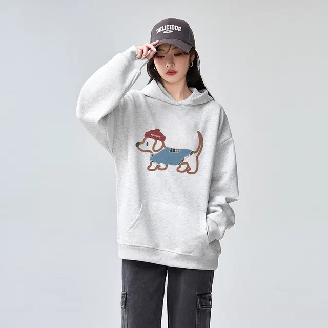 棉购 美式复古潮重磅卡通连帽春秋秋冬宽松加绒加厚外套卫衣 男女同款