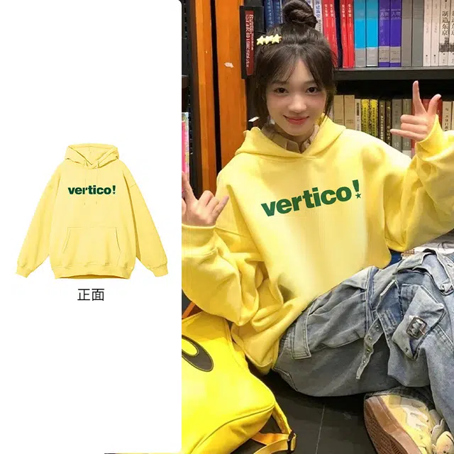 棉购 韩系休闲舒适连帽潮流时尚百搭绒衫外套加绒加厚多巴胺色系小清新简约印花卫衣 女款