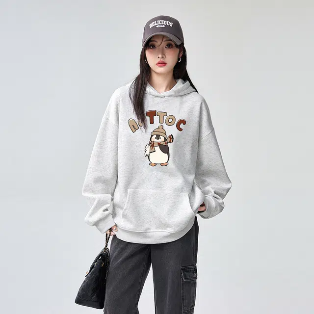 棉购 加绒加厚学生纯棉美式重磅慵懒风宽松外套卡通舒适温暖卫衣 女款