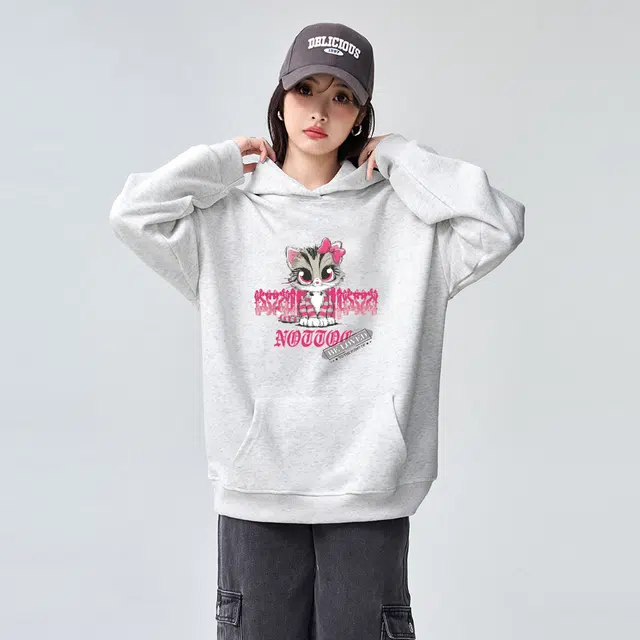 棉购 美式连帽潮流加绒加厚长袖上衣外套卡通猫咪个性街头卫衣 女款