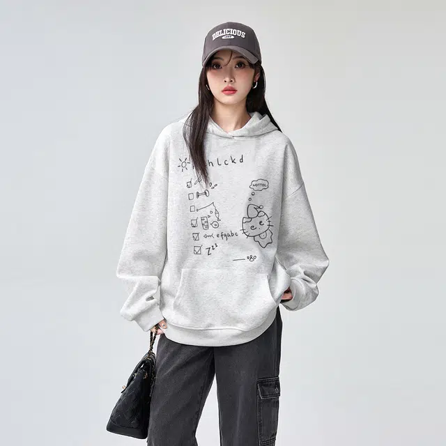 棉购 美式连帽简约秋冬宽松大码卡通长袖上衣加绒加厚外套情侣卫衣 男女同款