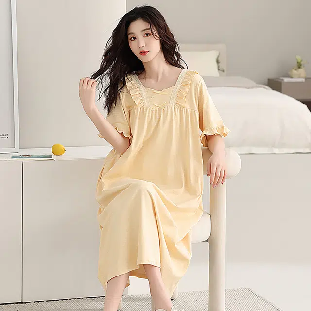 棉购 公主风花边可外穿短袖睡裙 女款