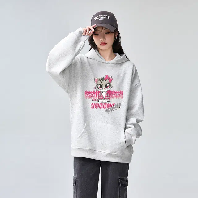 棉购 美式连帽潮流加绒加厚长袖上衣外套卡通猫咪个性街头卫衣 女款