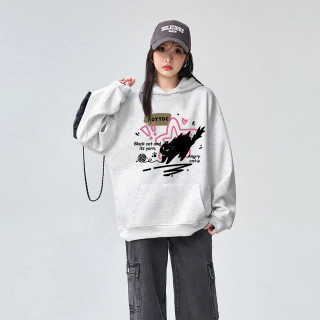 棉购 美式复古潮重磅连帽宽松卡通加绒加厚外套卫衣 男女同款