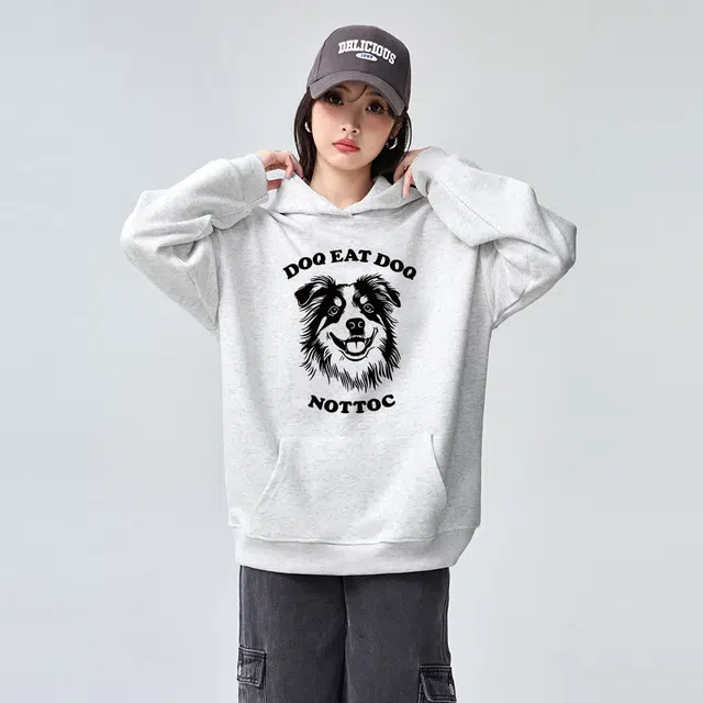棉购 黑白小狗潮流时尚连帽上衣美式学院街头风简约长袖卫衣 男女同款