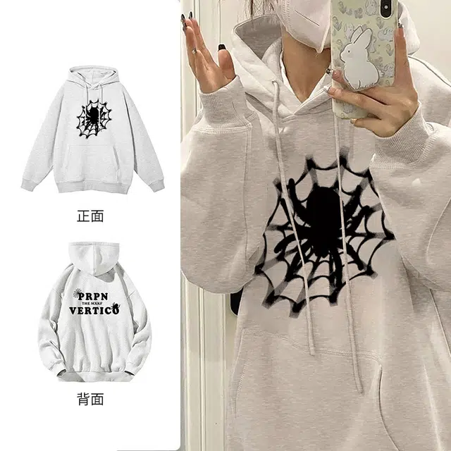 棉购 春秋情侣款蜘蛛背面印花上衣休闲舒适基础款潮流时尚宽松加绒加厚长袖卫衣 男女同款