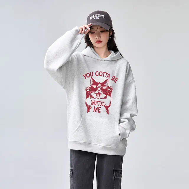 棉购 美式潮流时尚小猫连帽上衣宽松重磅春秋学院风舒适原创卫衣 男女同款