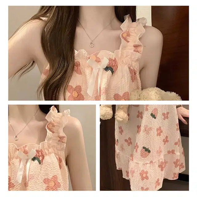 棉购 自带胸垫韩系碎花居家服可爱甜美无袖吊带睡裙 女款