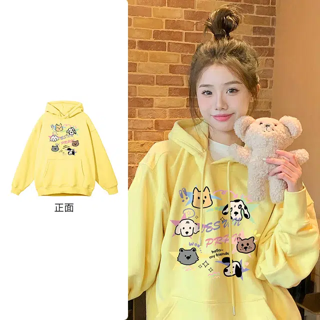棉购 韩系卡通印花连帽上衣减龄休闲时尚潮流百搭基础款绒衫宽松卫衣 女款