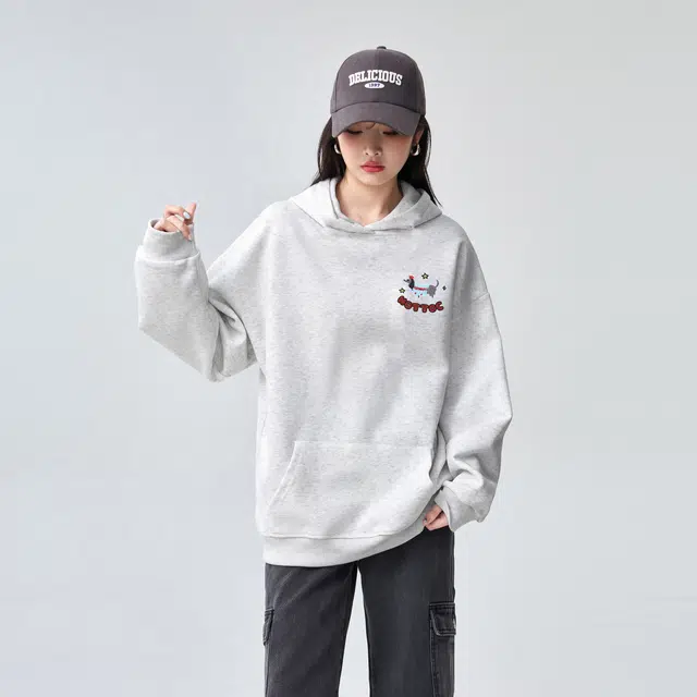 棉购 魔术贴绣花重磅刺绣连帽卡通秋冬季加绒加厚慵懒风宽松外套卫衣 男女同款