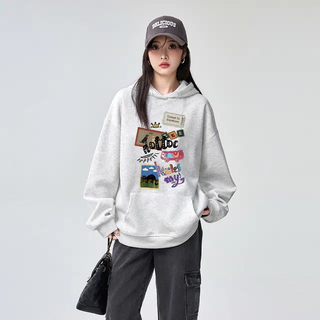 棉购 卡通图案连帽上衣美式潮流简约宽松长袖秋冬加绒加厚保暖卫衣男 女款