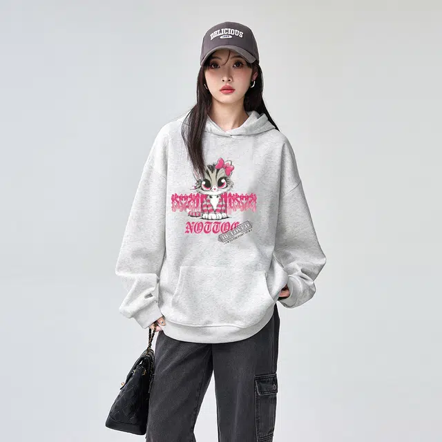 棉购 美式连帽潮流加绒加厚长袖上衣外套卡通猫咪个性街头卫衣 女款