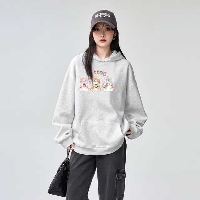 棉购 美式连帽潮流薄款秋冬季加绒加厚长袖上衣外套卫衣 女款