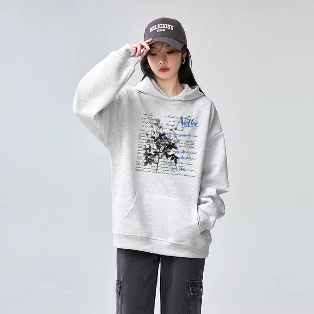 棉购 连帽加绒加厚高街宽松美式街头风潮流印花卫衣 女款