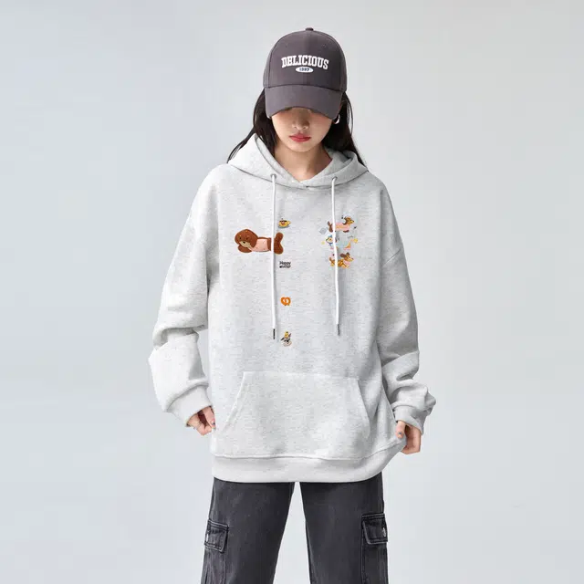 棉购 连帽秋冬季百搭可爱卡通时尚潮流刺绣印花美式学生上衣服外套卫衣 男女同款