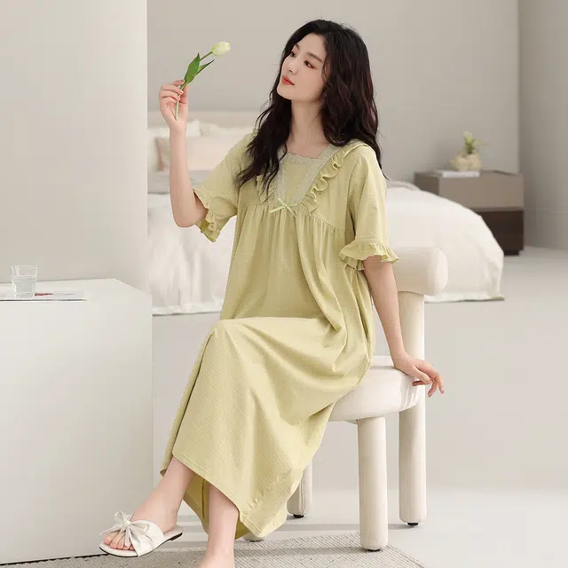 棉购 蕾丝花边舒适透气可外穿短袖睡裙 女款