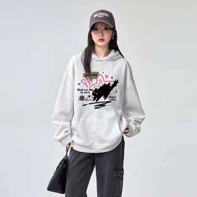 棉购 美式复古潮重磅连帽宽松卡通加绒加厚外套卫衣 男女同款
