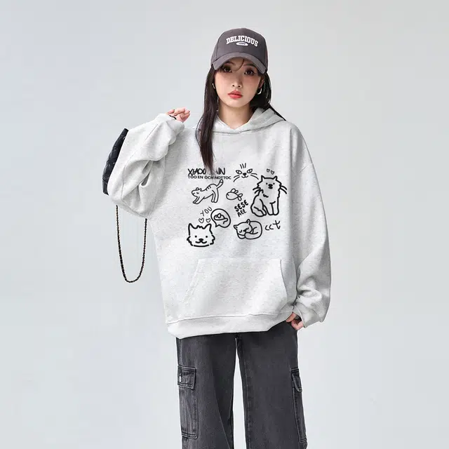 棉购 重磅美式连帽加绒加厚慵懒风卡通宽松秋冬季卫衣 男女同款
