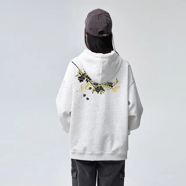 棉购 重磅黑金仿刺绣潮流连帽宽松加绒加厚中国风花卉印花上衣长袖卫衣 男女同款