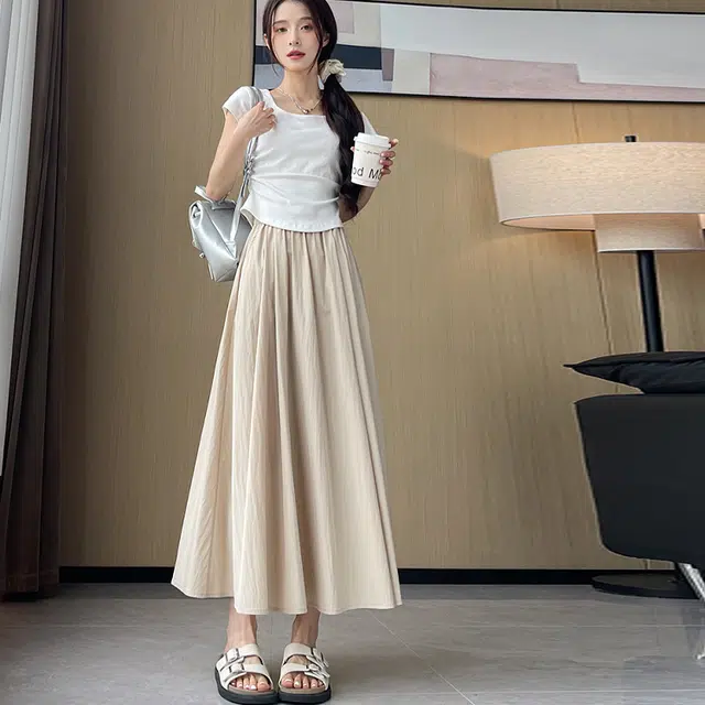 棉购 薄款口袋小个子垂感冰丝褶皱半身裙通勤休闲长裙 女款