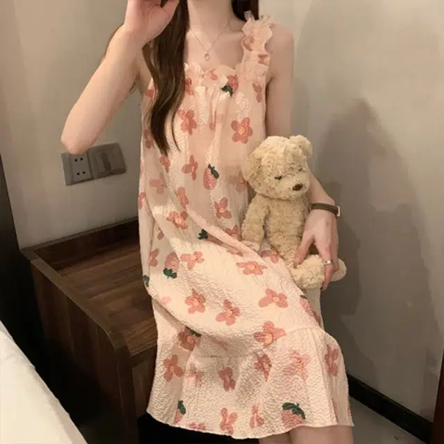 棉购 自带胸垫韩系碎花居家服可爱甜美无袖吊带睡裙 女款
