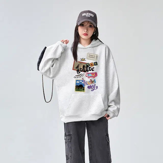棉购 卡通图案连帽上衣美式潮流简约宽松长袖秋冬加绒加厚保暖卫衣男 女款