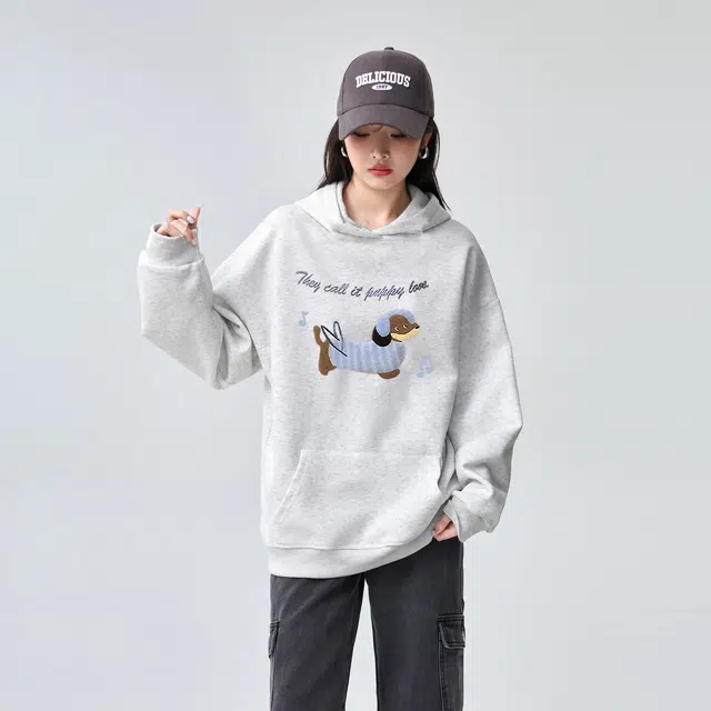 棉购 美式卡通刺绣连帽秋冬重磅加厚宽松慵懒风上衣潮卫衣 男女同款