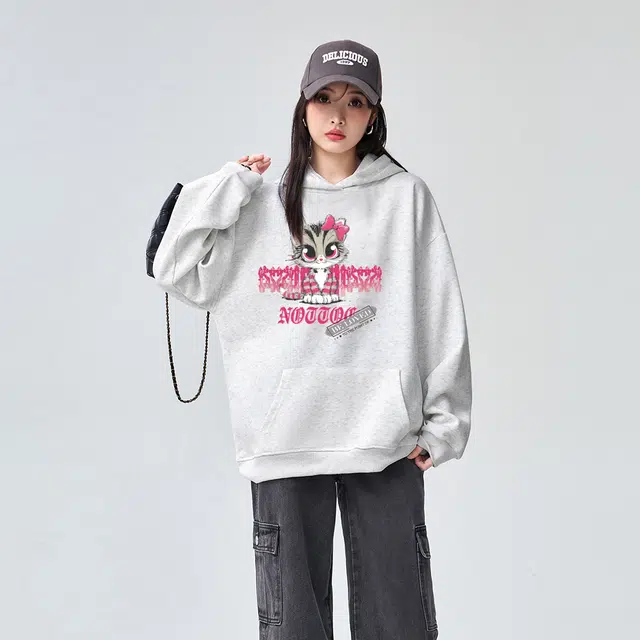 棉购 美式连帽潮流加绒加厚长袖上衣外套卡通猫咪个性街头卫衣 女款