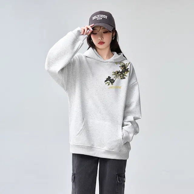 棉购 重磅黑金仿刺绣潮流连帽宽松加绒加厚中国风花卉印花上衣长袖卫衣 男女同款