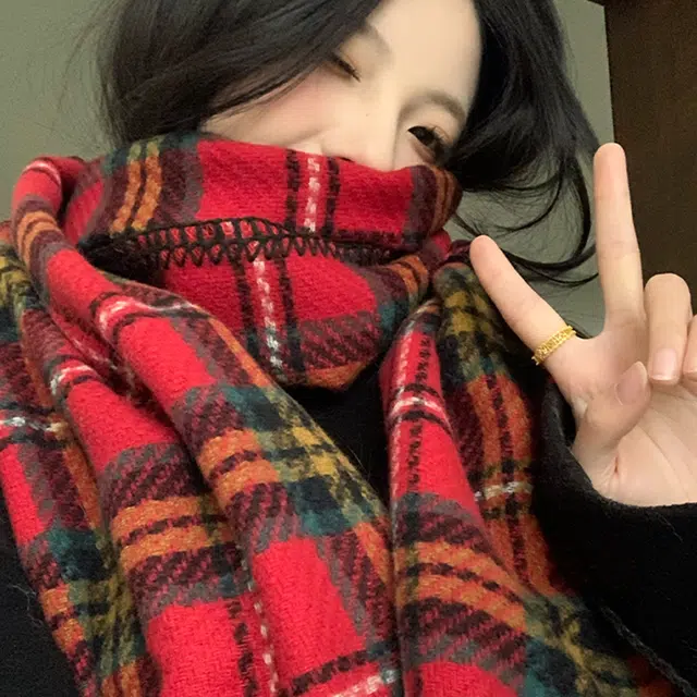梦特娇 秋冬日系格纹拼接保暖加大加厚包边 腈纶 绒线围巾 男女同款情侣款