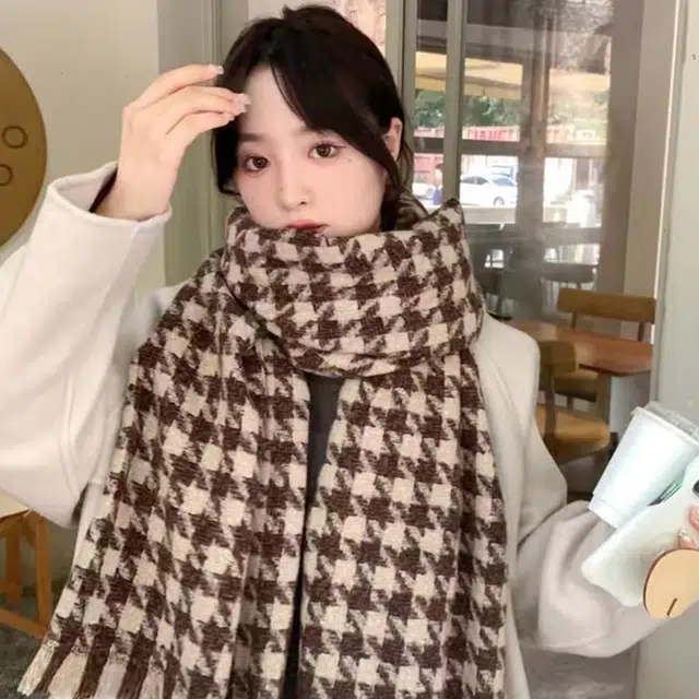 梦特娇 文艺复古千鸟格子高级感 绒线围巾 男女同款情侣款