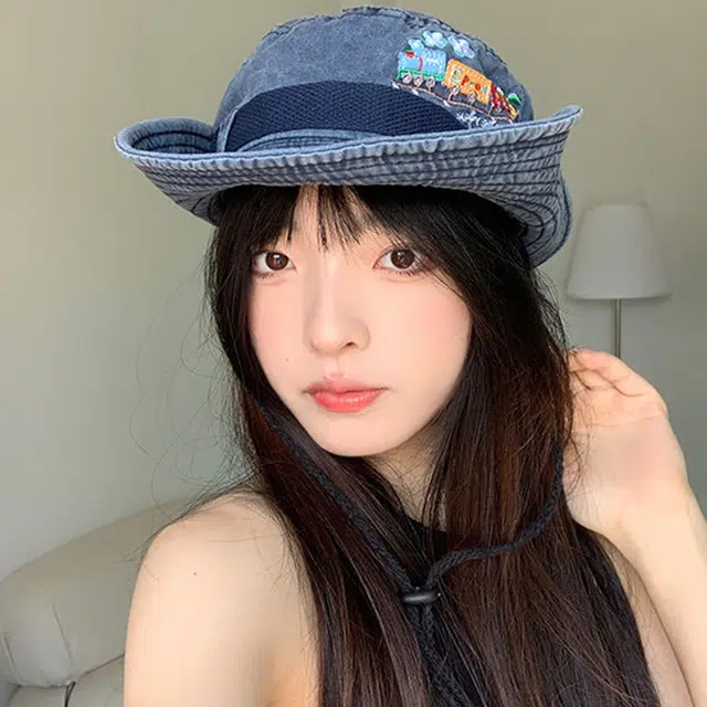 梦特娇 小火车刺绣水洗做旧春夏遮阳防晒 棉 渔夫帽 男女同款情侣款