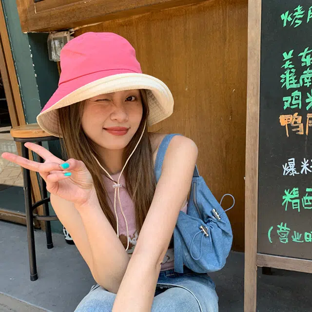 梦特娇 日系潮流拼色户外防紫外线防晒盆帽 棉 渔夫帽 男女同款情侣款