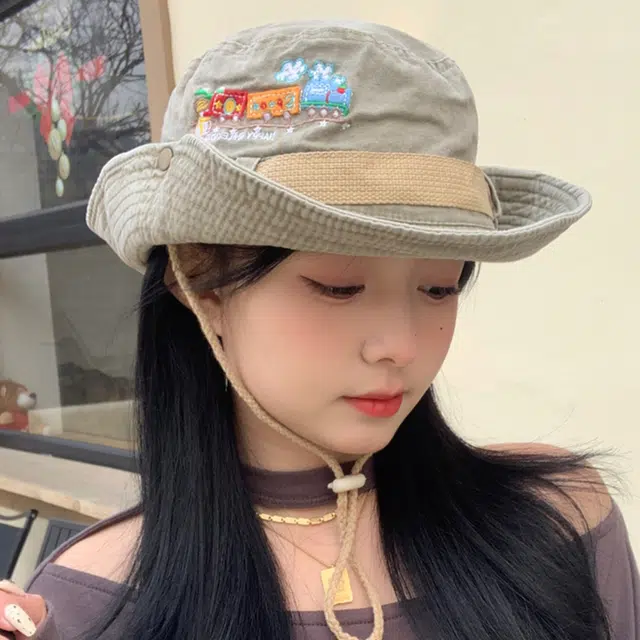 梦特娇 小火车刺绣水洗做旧春夏遮阳防晒 棉 渔夫帽 男女同款情侣款