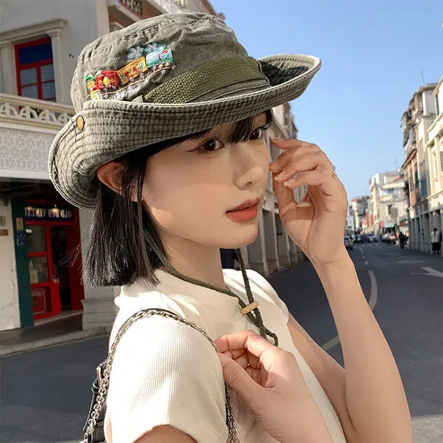 梦特娇 小火车刺绣水洗做旧春夏遮阳防晒 棉 渔夫帽 男女同款情侣款