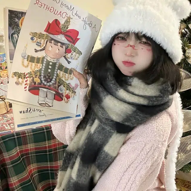 梦特娇 冬季加厚格纹保暖流苏 涤纶 绒线围巾 男女同款情侣款