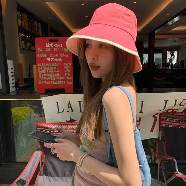梦特娇 日系潮流拼色户外防紫外线防晒盆帽 棉 渔夫帽 男女同款情侣款