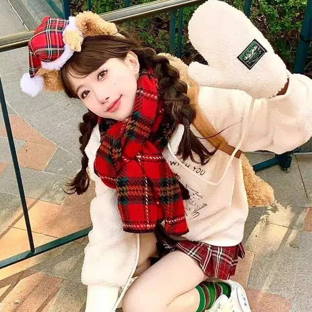 梦特娇 秋冬日系格纹拼接保暖加大加厚包边 腈纶 绒线围巾 男女同款情侣款
