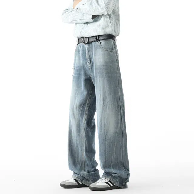 敦煌博物馆 美式高街水洗做旧手工磨破闪电纹高级感直筒垂感微喇显高显瘦长裤中腰系带潮流嘻哈风百搭休闲牛仔裤 男女同款