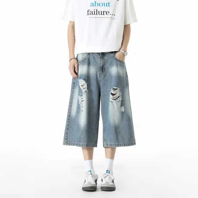 敦煌博物馆 美式复古渐变七分裤宽松直筒阔腿薄款亲肤透气舒适百搭牛仔短裤 男女同款