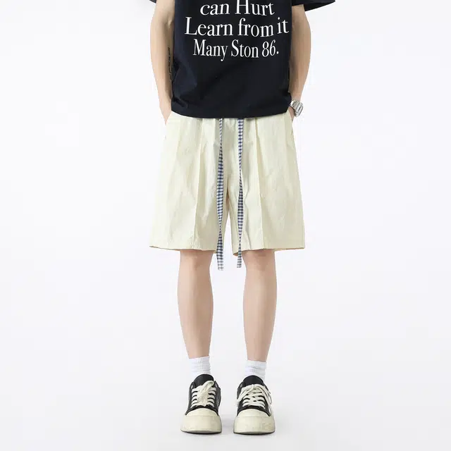 敦煌博物馆 假两件美式简约撞色格子抽绳设计学院风薄款透气运动宽松直筒舒适百搭五分休闲短裤 男女同款